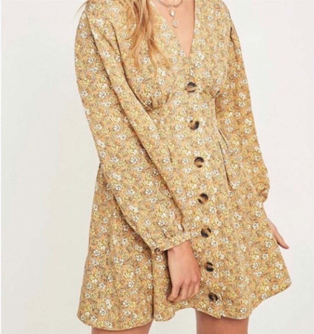 Free People Portobello Dress Mustard Yellow Linen Blend Twill Floral Dress | 4